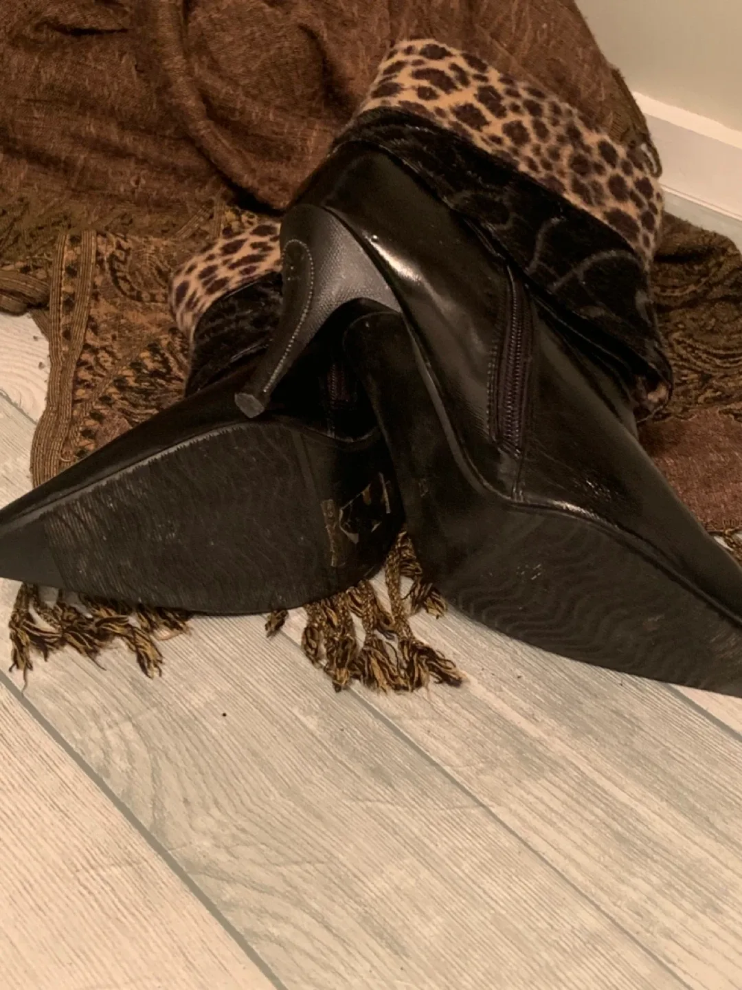 Black Patent Leather Ankle Boots with Leopard Cuff image indicator(6)