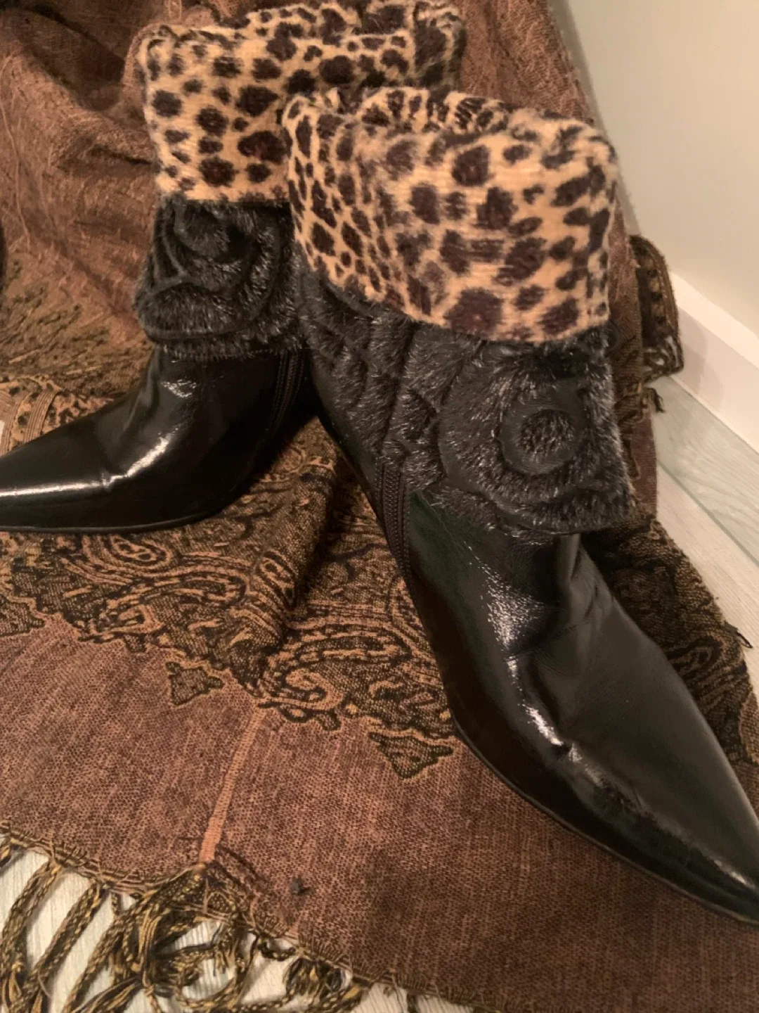 Black Patent Leather Ankle Boots with Leopard Cuff image indicator(2)