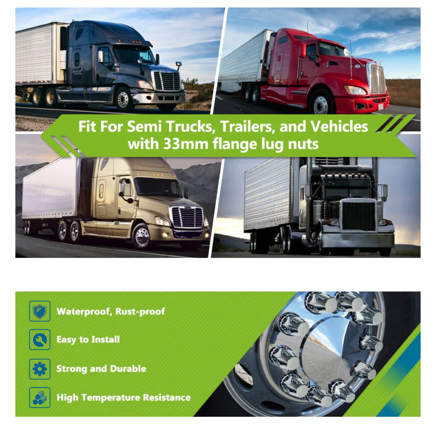 Chrome Truck Wheel Nut Covers - 33mm Flange Lug Nuts image indicator(5)