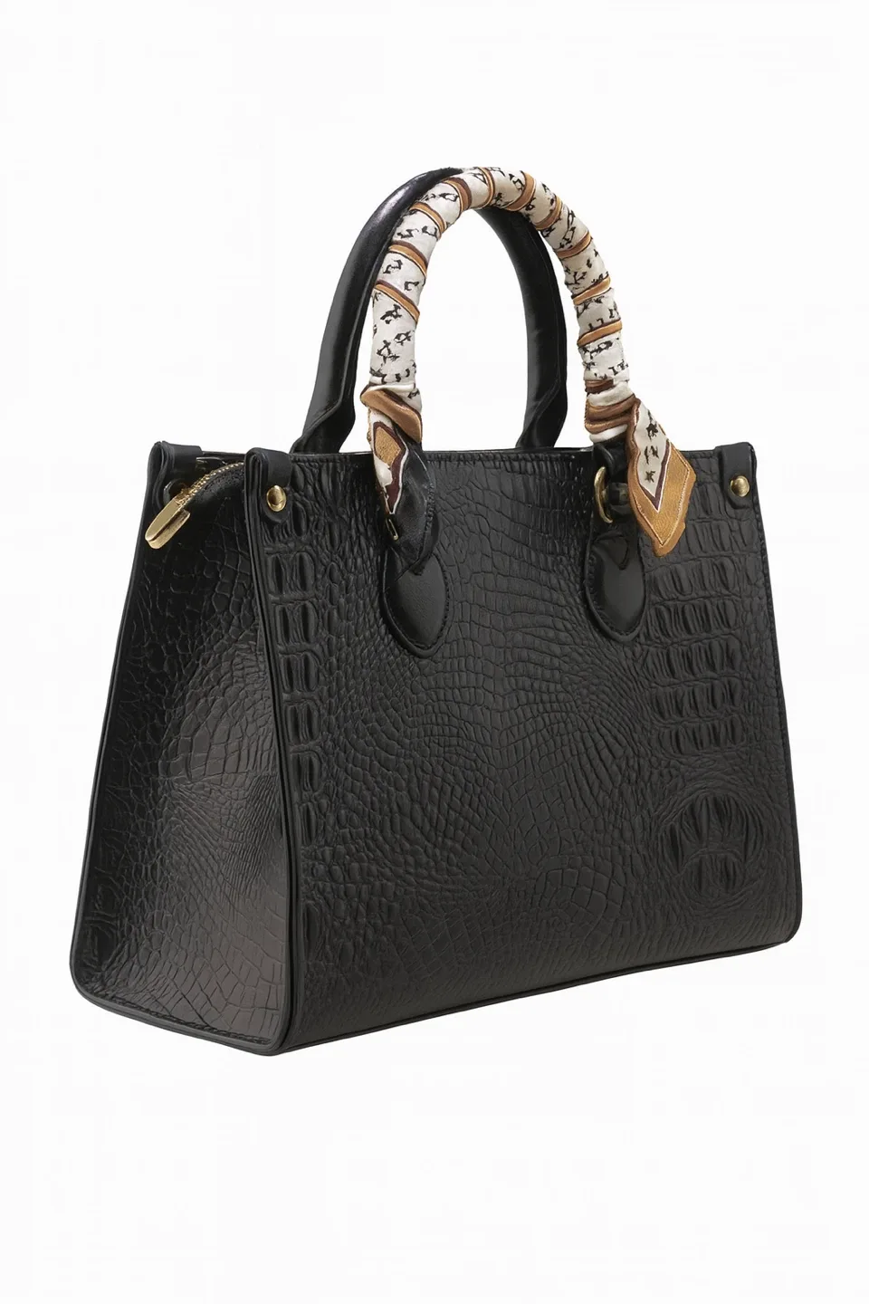 Glossy Croc-Embrossed Handbag with Silk Scarf