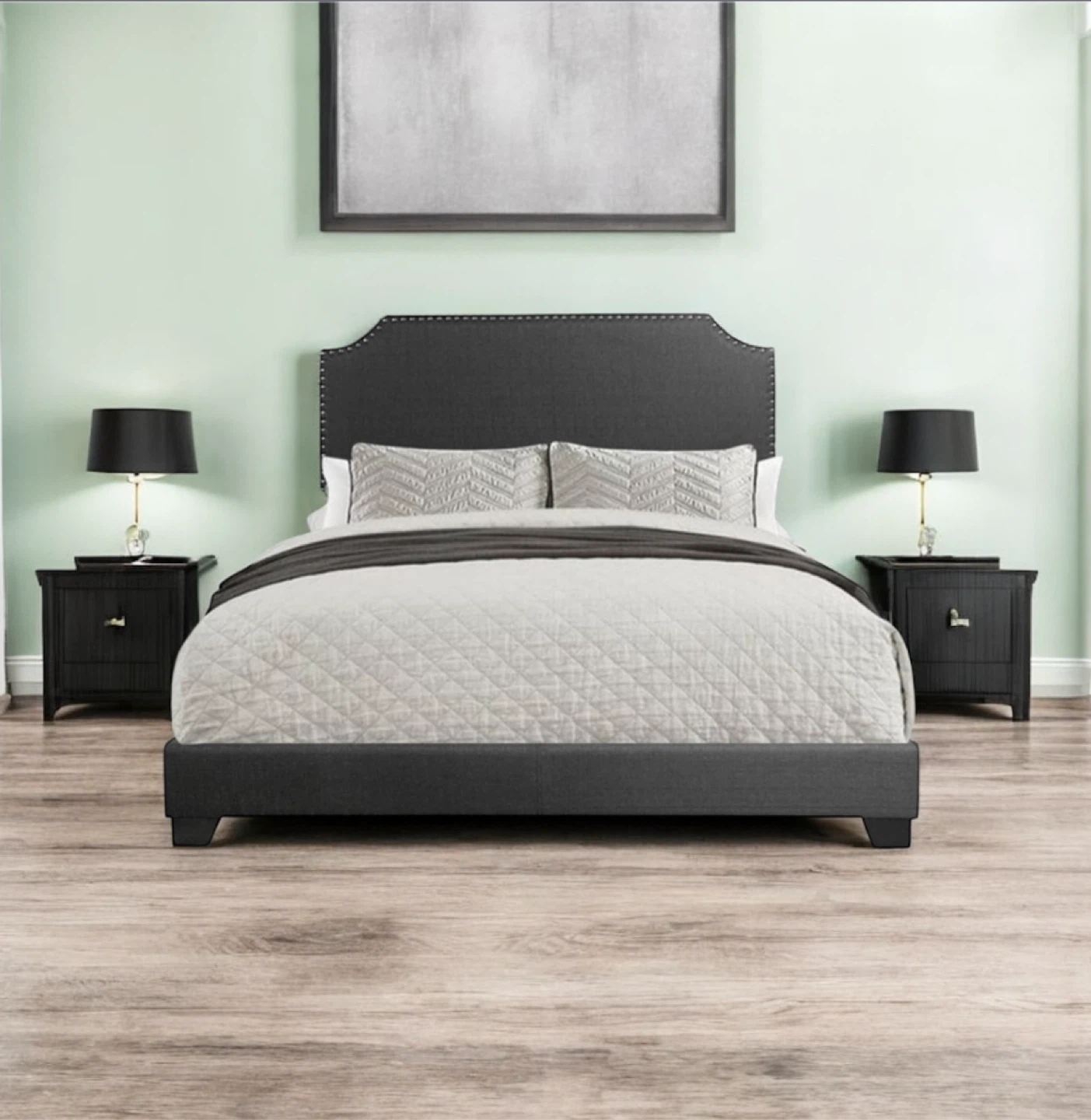 New King Size Grey Upholstered Bed