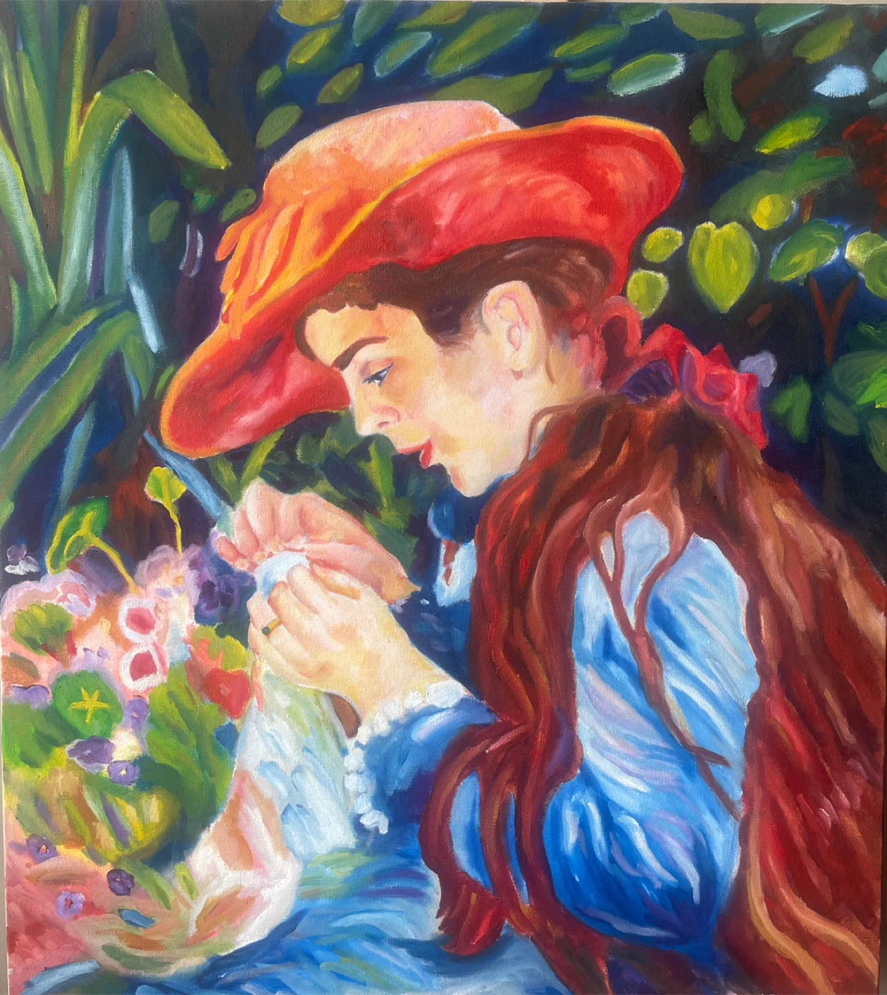 Oil painting of Renoir’s Marie Therese Durand Ruel Sewing