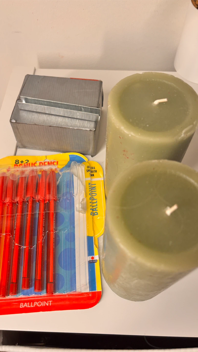 Staples, Ballpoint Pens, and Candles