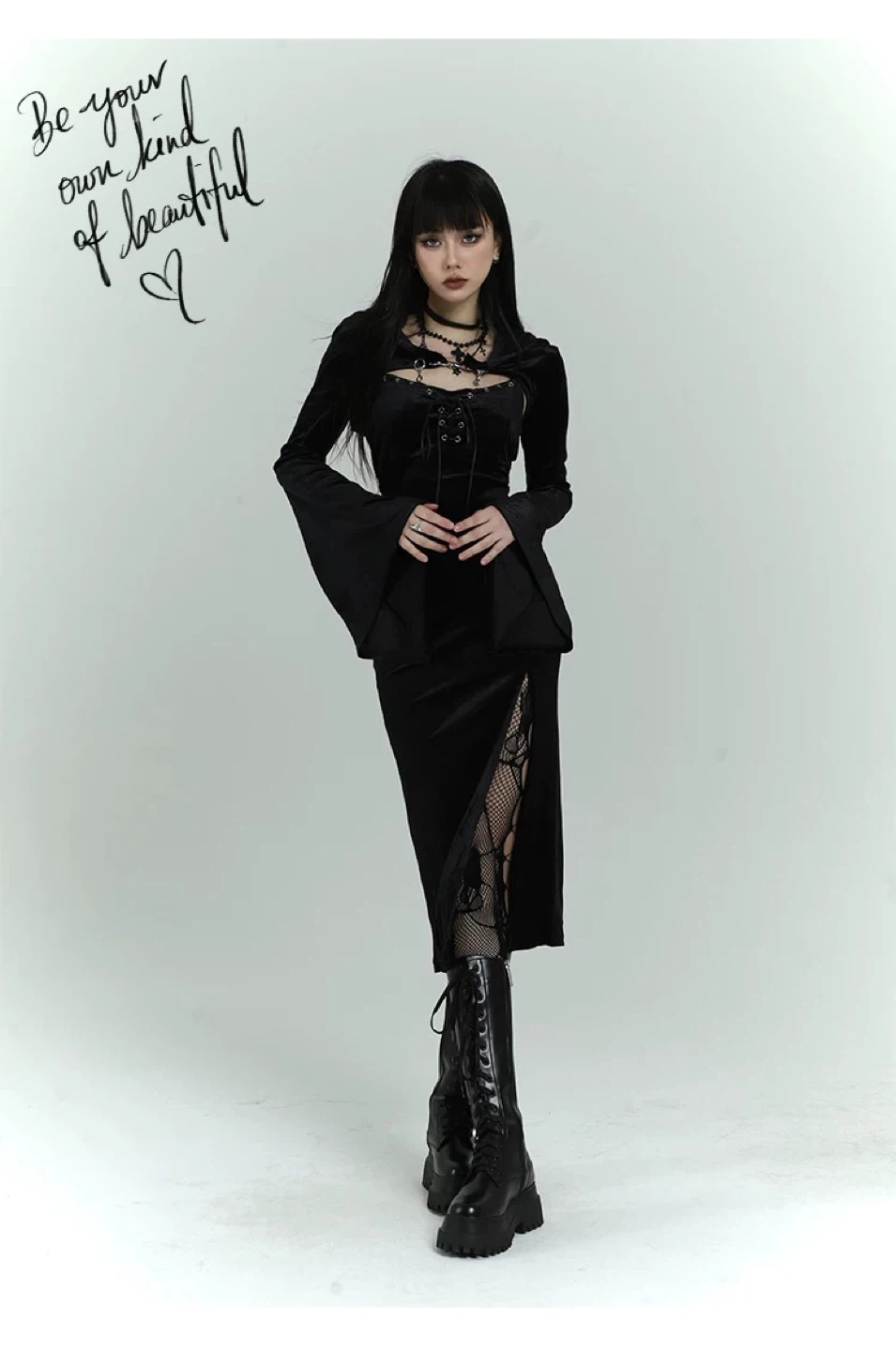 Gothic Velvet Dress with Fishnet Stockings - photo 3