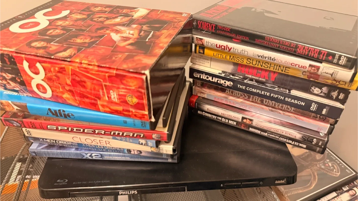 DVD player & Box of DVDs | 85+ Assorted Titles thumbnail