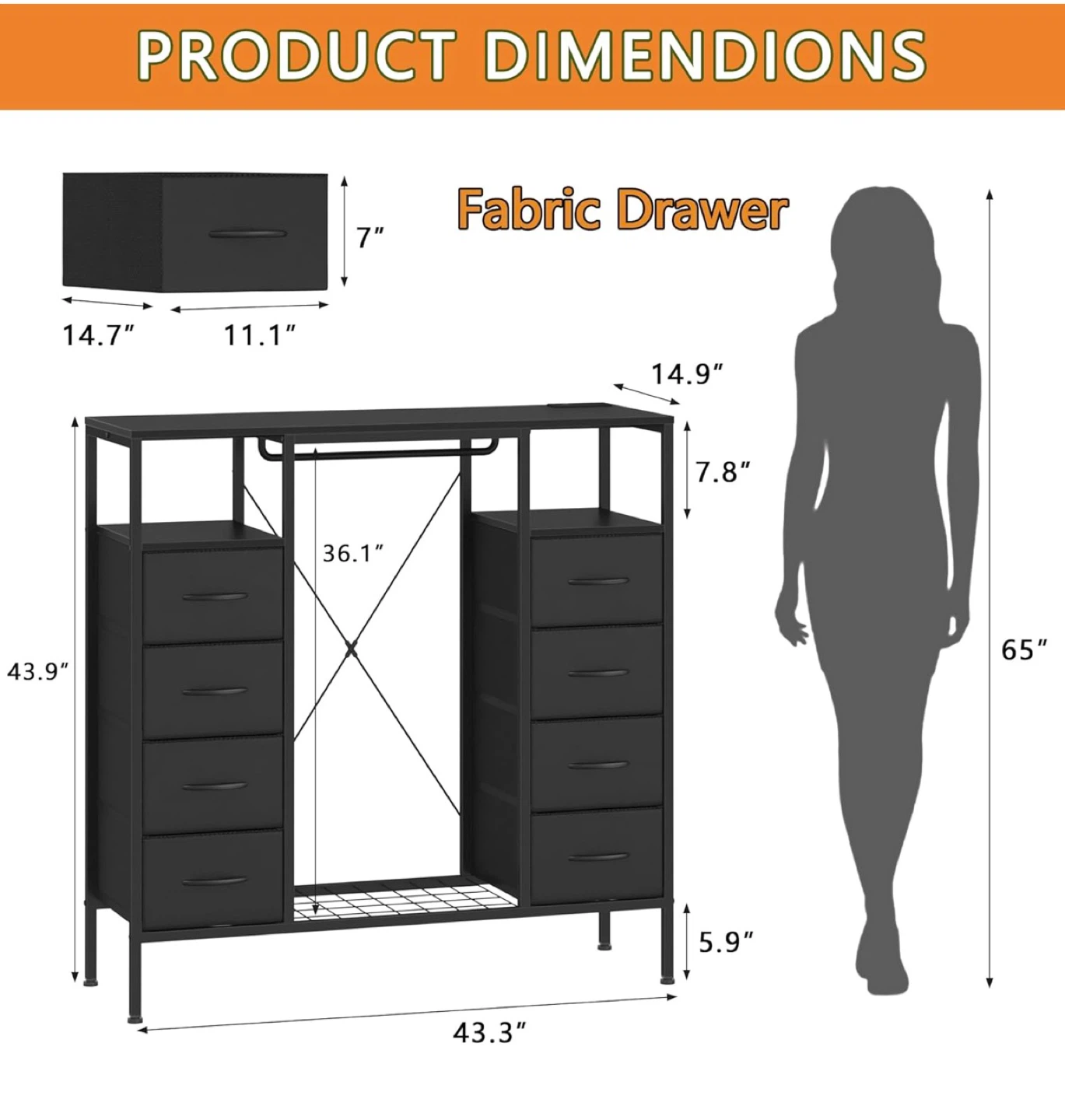 Cabinet with Drawers, Hanging Rack& LED Lights, Charging Station - photo 2