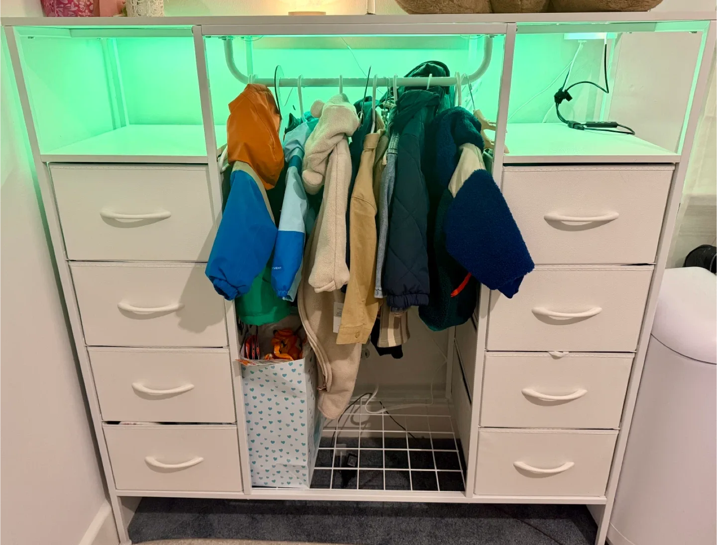 Cabinet with Drawers, Hanging Rack& LED Lights, Charging Station image indicator(3)