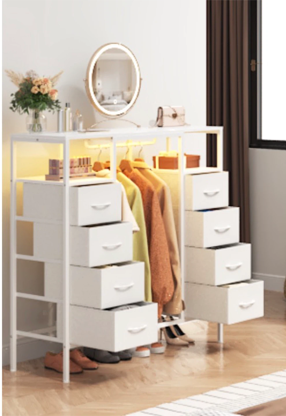 Cabinet with Drawers, Hanging Rack& LED Lights, Charging Station