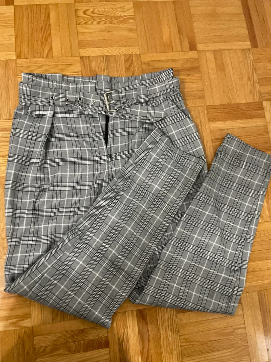 Grey Plaid Belted Trousers thumbnail
