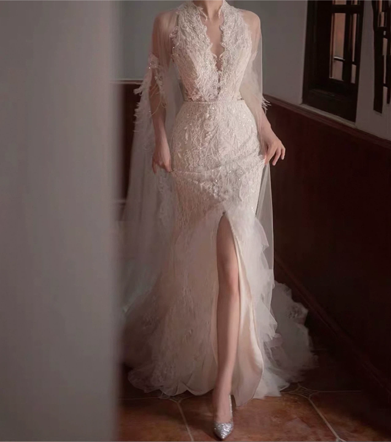 Lace Wedding Dress with Attached Sheer Veil