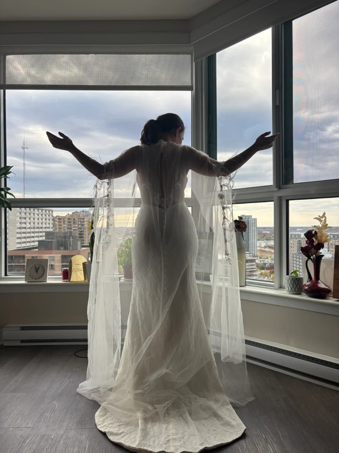 Lace Wedding Dress with Attached Sheer Veil image indicator(3)