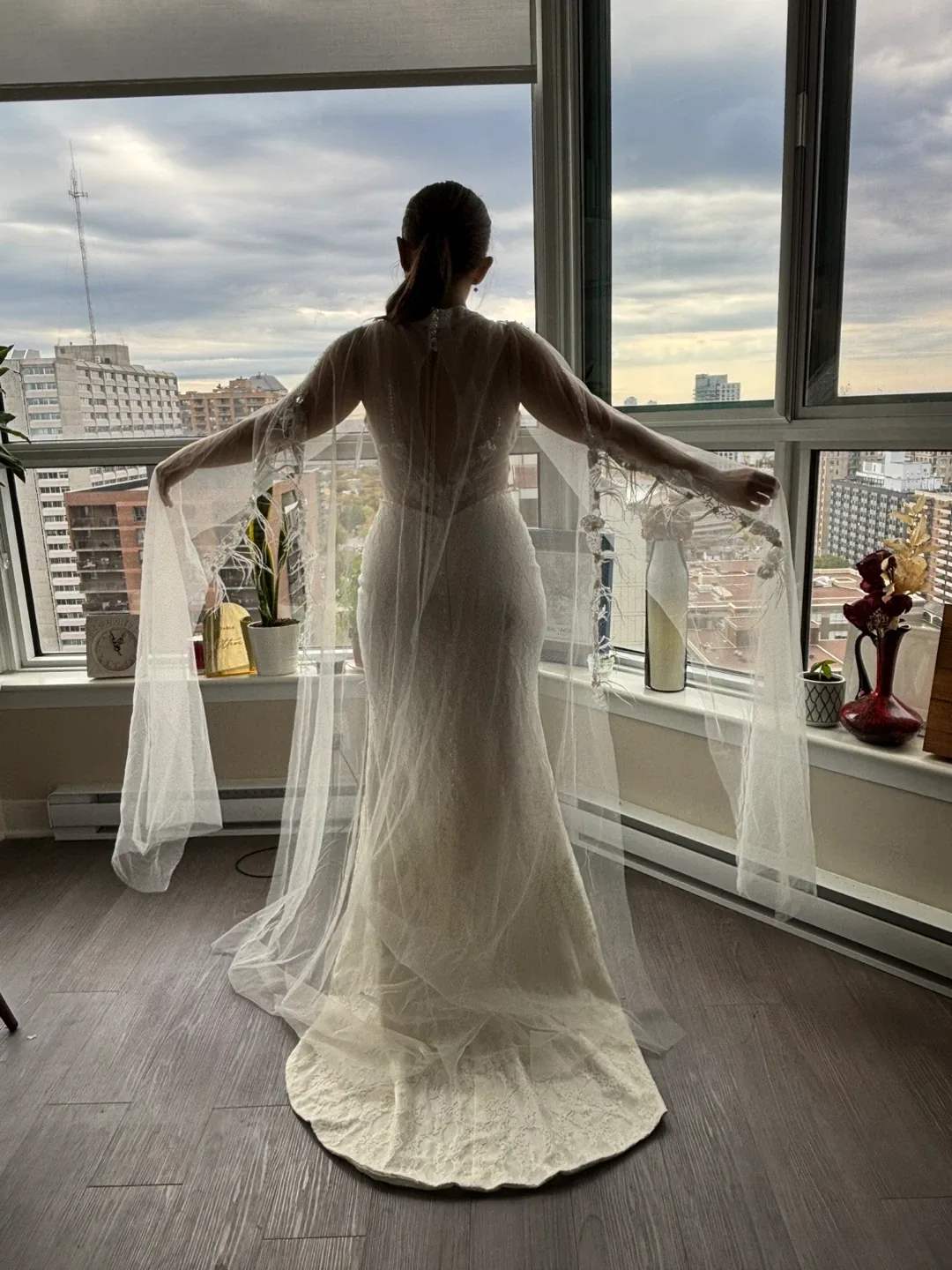 Lace Wedding Dress with Attached Sheer Veil image indicator(8)