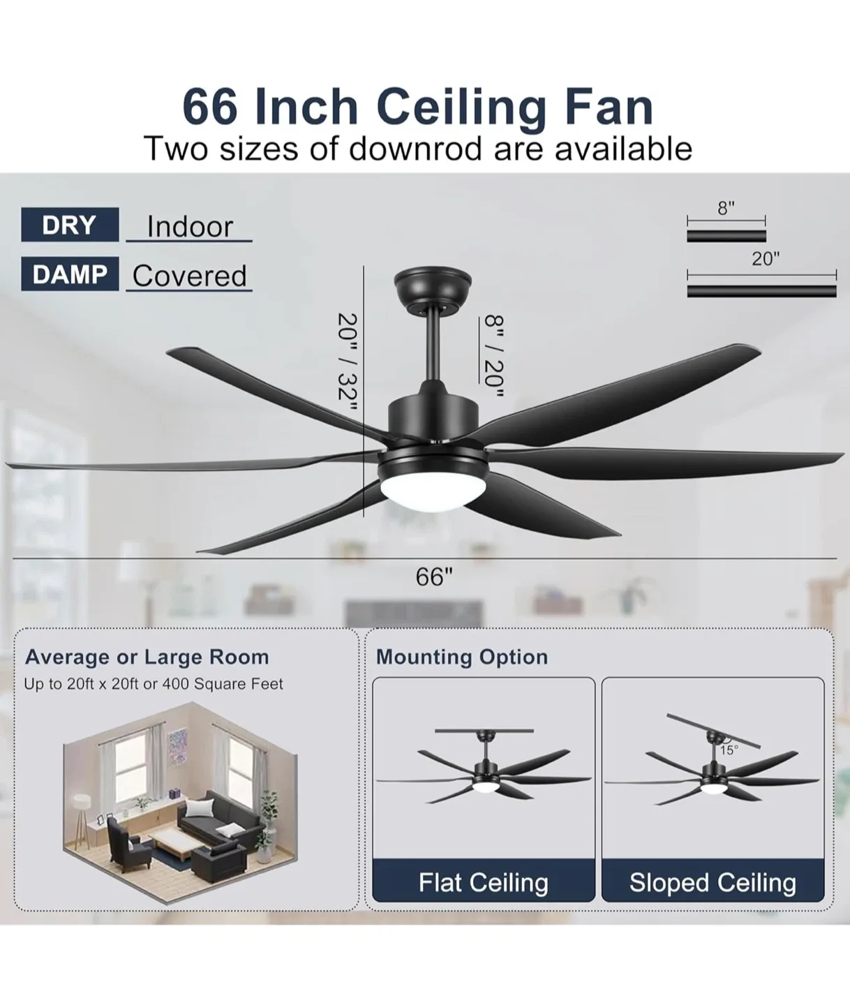 Ohniyou 66" Black Indoor, Outdoor Ceiling Fan - NEW! image indicator(2)