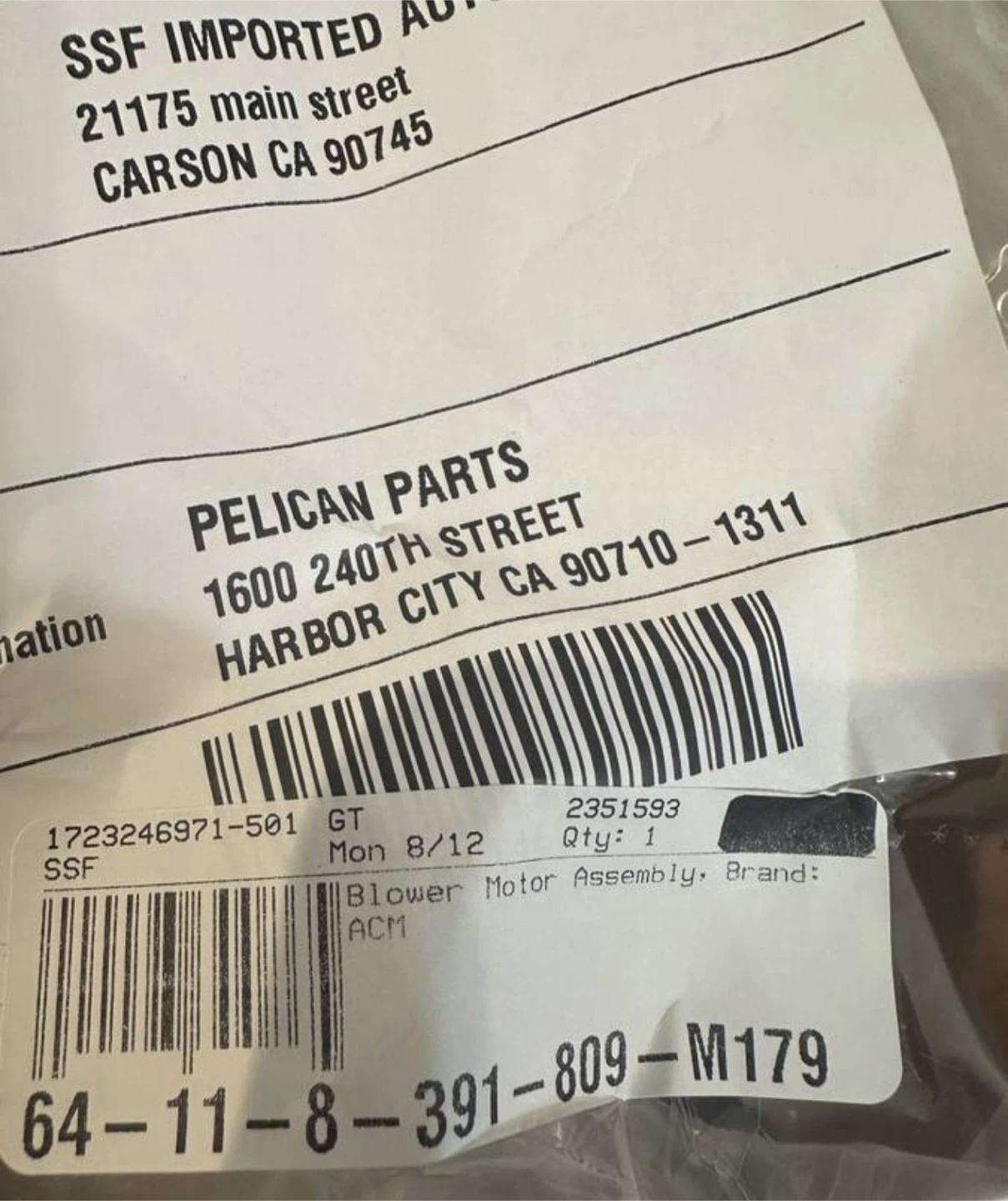 BMW A/C Blower Motor Assembly ACM 0157.0020A - photo 4
