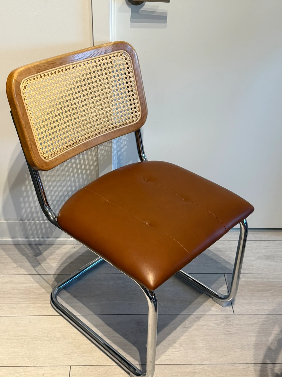 Cane Back Chrome Chair - Brown Leather Seat