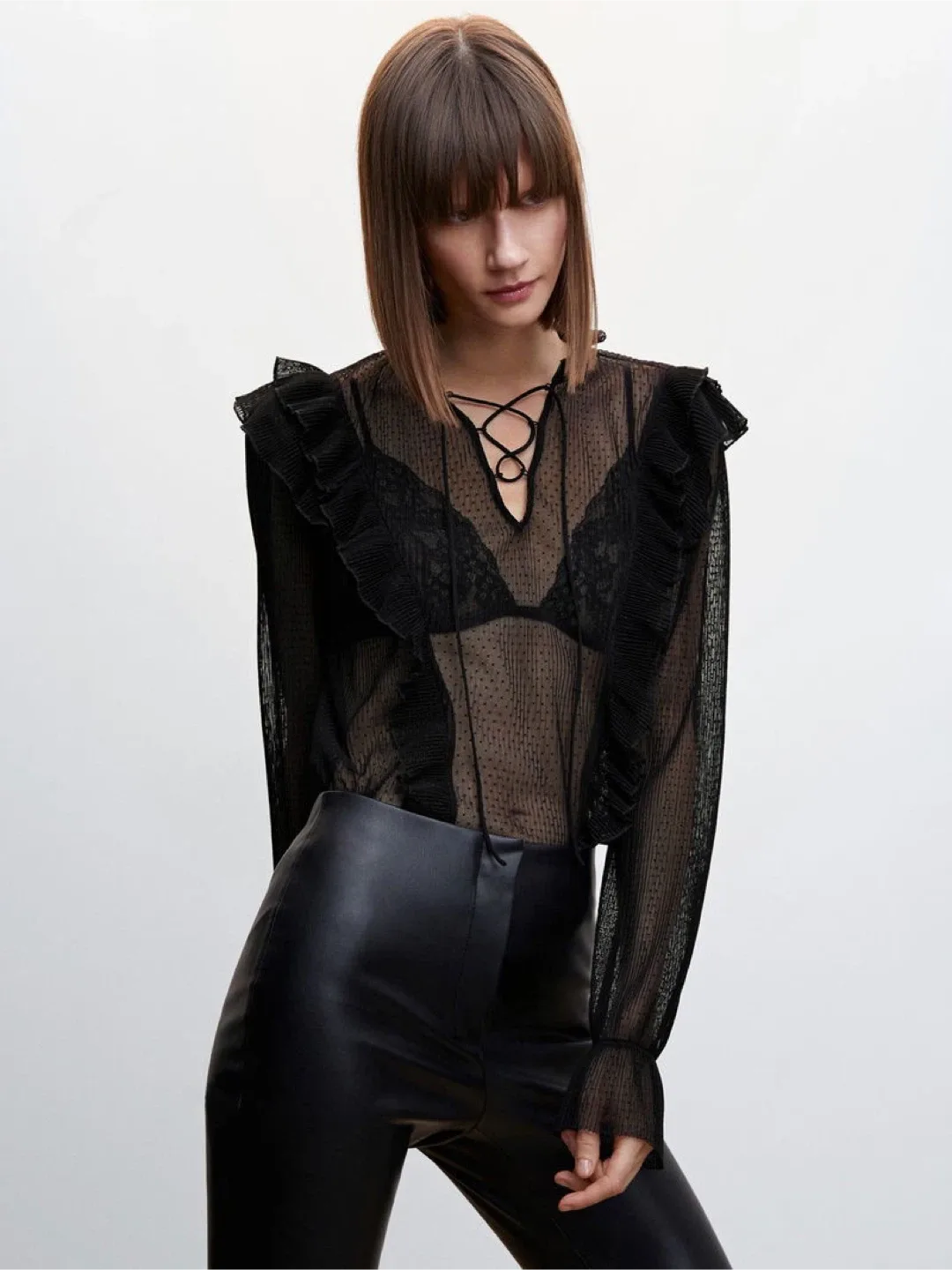 Mango Black Ruffle Blouse S thumbnail
