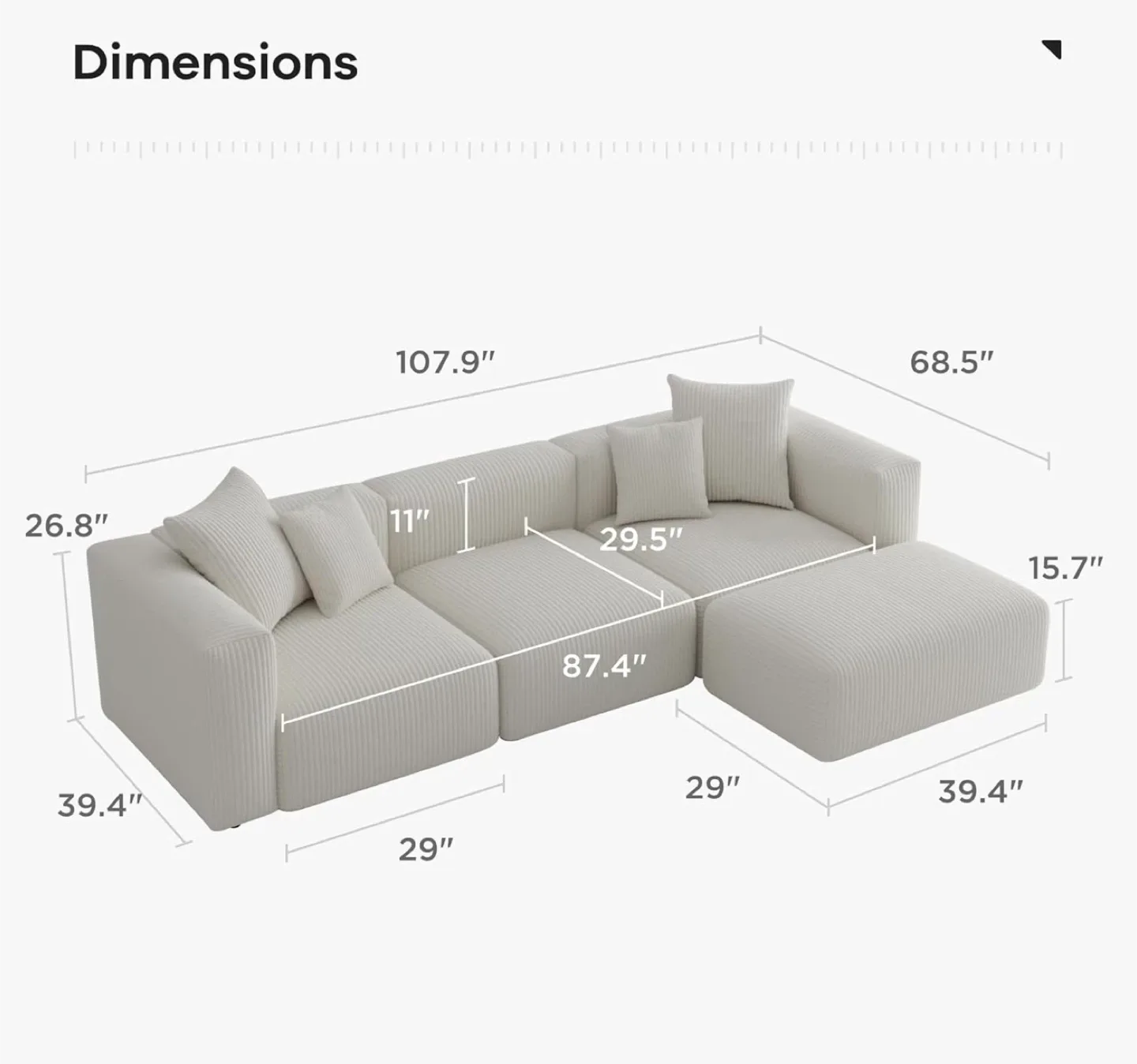 Cream Corduroy Sectional Sofa with Ottoman luxury image indicator(2)