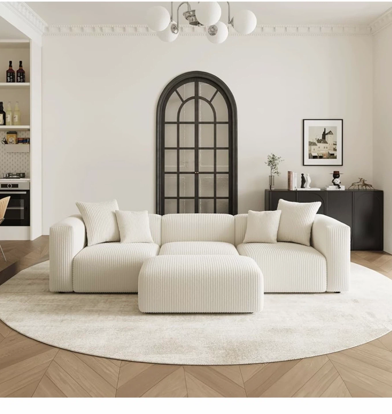 Cream Corduroy Sectional Sofa with Ottoman luxury - photo 3