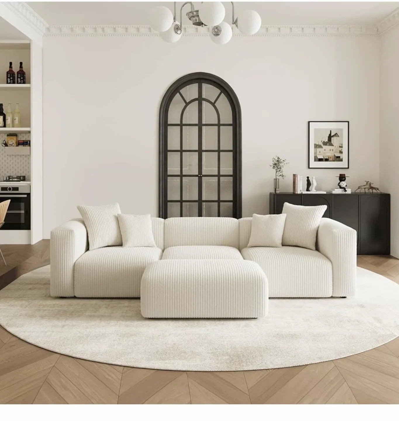 Cream Corduroy Sectional Sofa with Ottoman luxury image indicator(3)