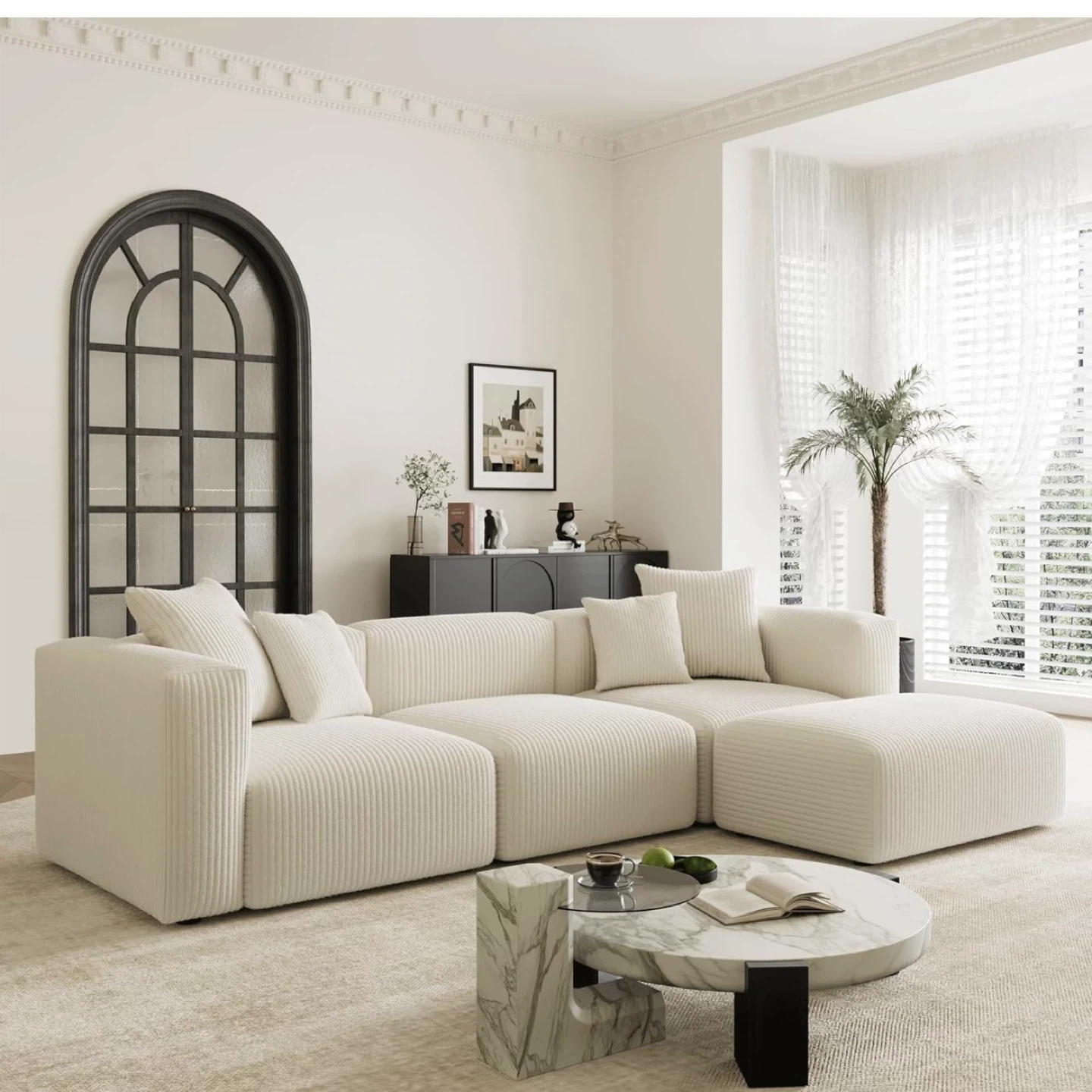 Cream Corduroy Sectional Sofa with Ottoman luxury