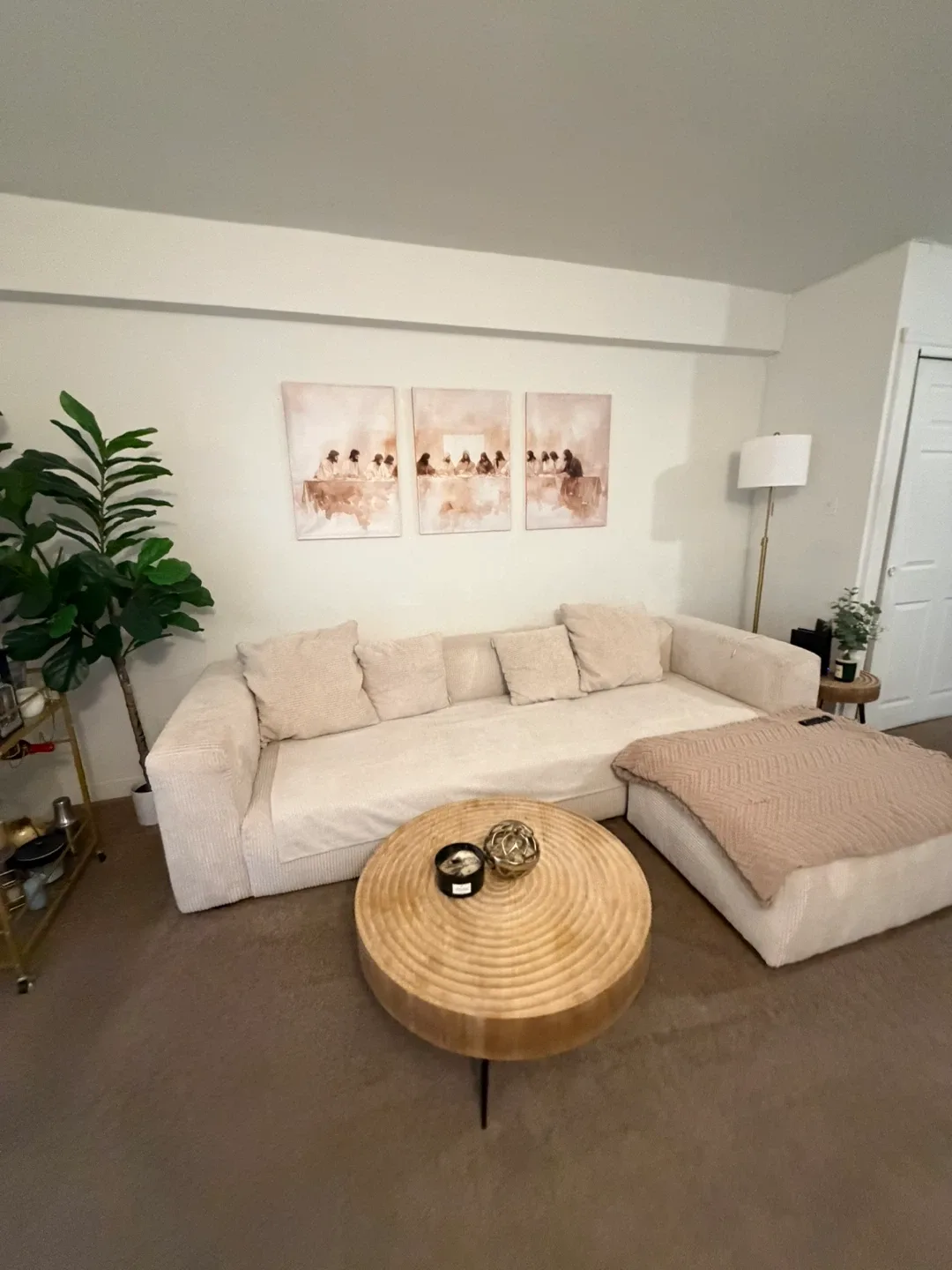 Cream Corduroy Sectional Sofa with Ottoman luxury image indicator(6)