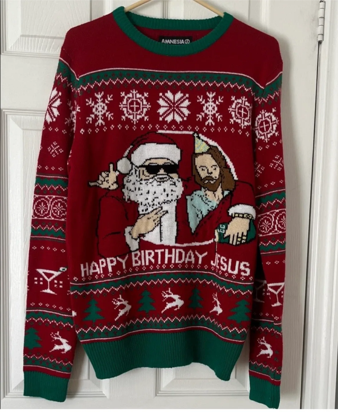 Amnesia Happy Birthday Jesus Christmas Sweater - M/M thumbnail