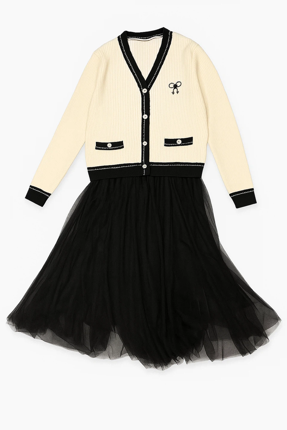 Cream Cardigan & Black Tulle Dress