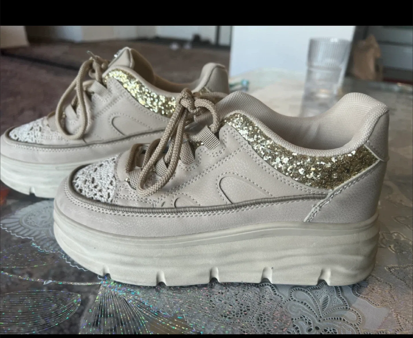 Beige Platform Sneakers with Gold Glitter thumbnail