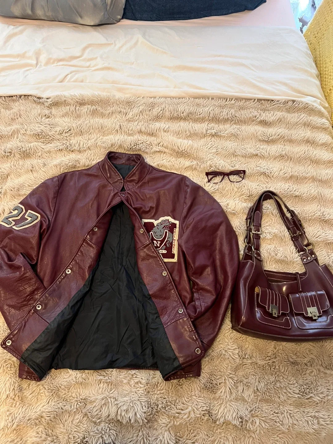 Leather Vintage Maroon Varsity Jacket 💋🌹🍓 image indicator(3)