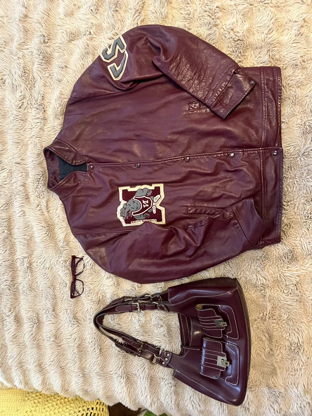 Leather Vintage Maroon Varsity Jacket 💋🌹🍓 image indicator(2)