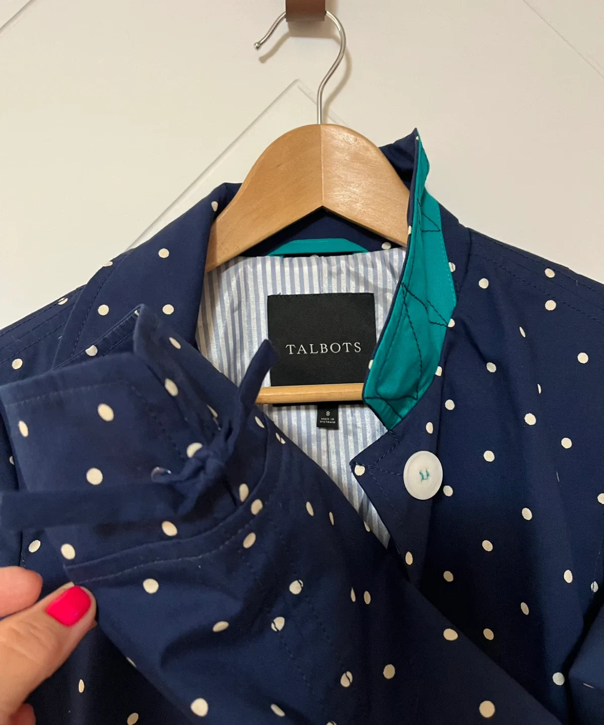 Talbots Navy Polka Dot Trench Coat Women Size 8 image indicator(9)