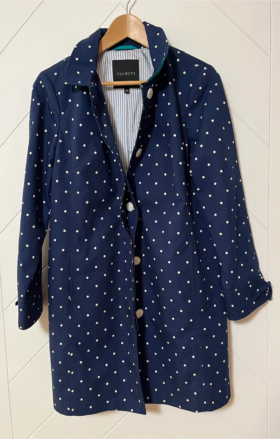 Talbots Navy Polka Dot Trench Coat Women Size 8 image indicator(10)