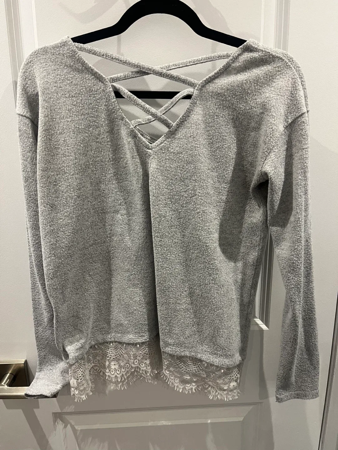 SMALL Gray Long Sleeve Top with Lace Trim image indicator(2)