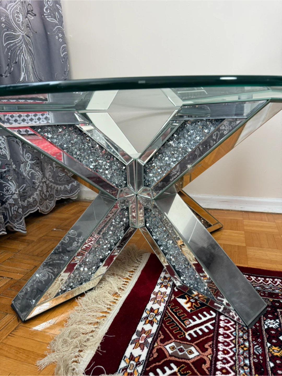 Glass Round Coffee Table with Mirrored X Base - photo 4