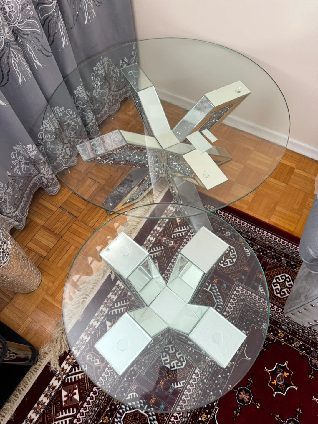 Glass Round Coffee Table with Mirrored X Base - photo 2