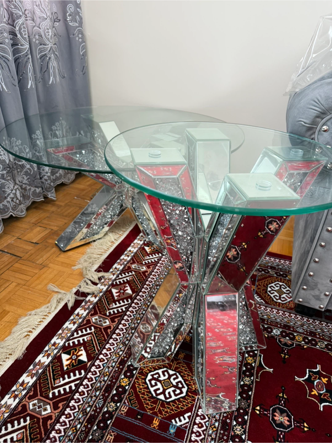 Glass Round Coffee Table with Mirrored X Base