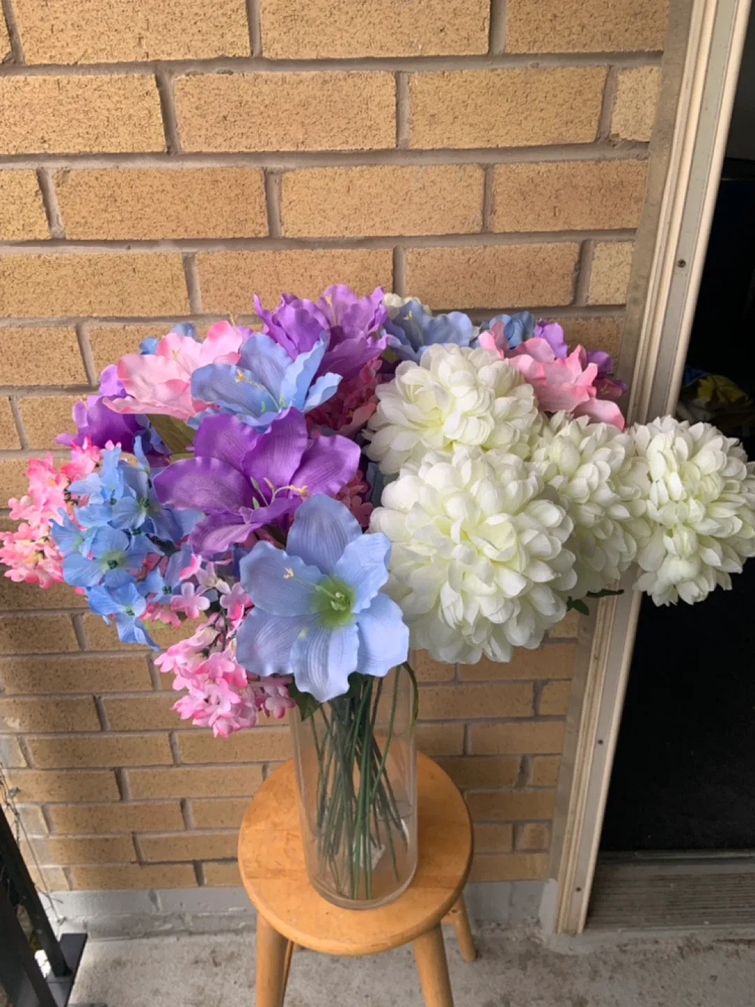 Beautiful Large Artificial Flower Arrangement in tall glass Vase thumbnail