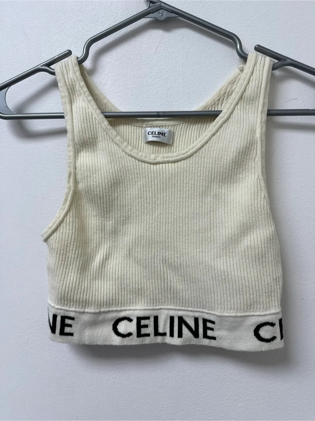 Celine White Ribbed Crop Tank Top thumbnail