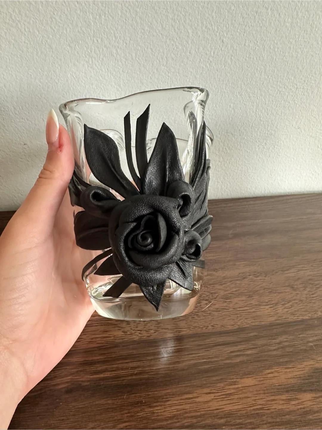 Polish Glass Vase with Black Leather Rose image indicator(2)