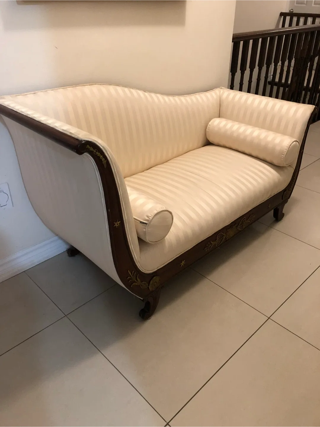 Antique Empire Cream Striped Settee with Wood Trim thumbnail