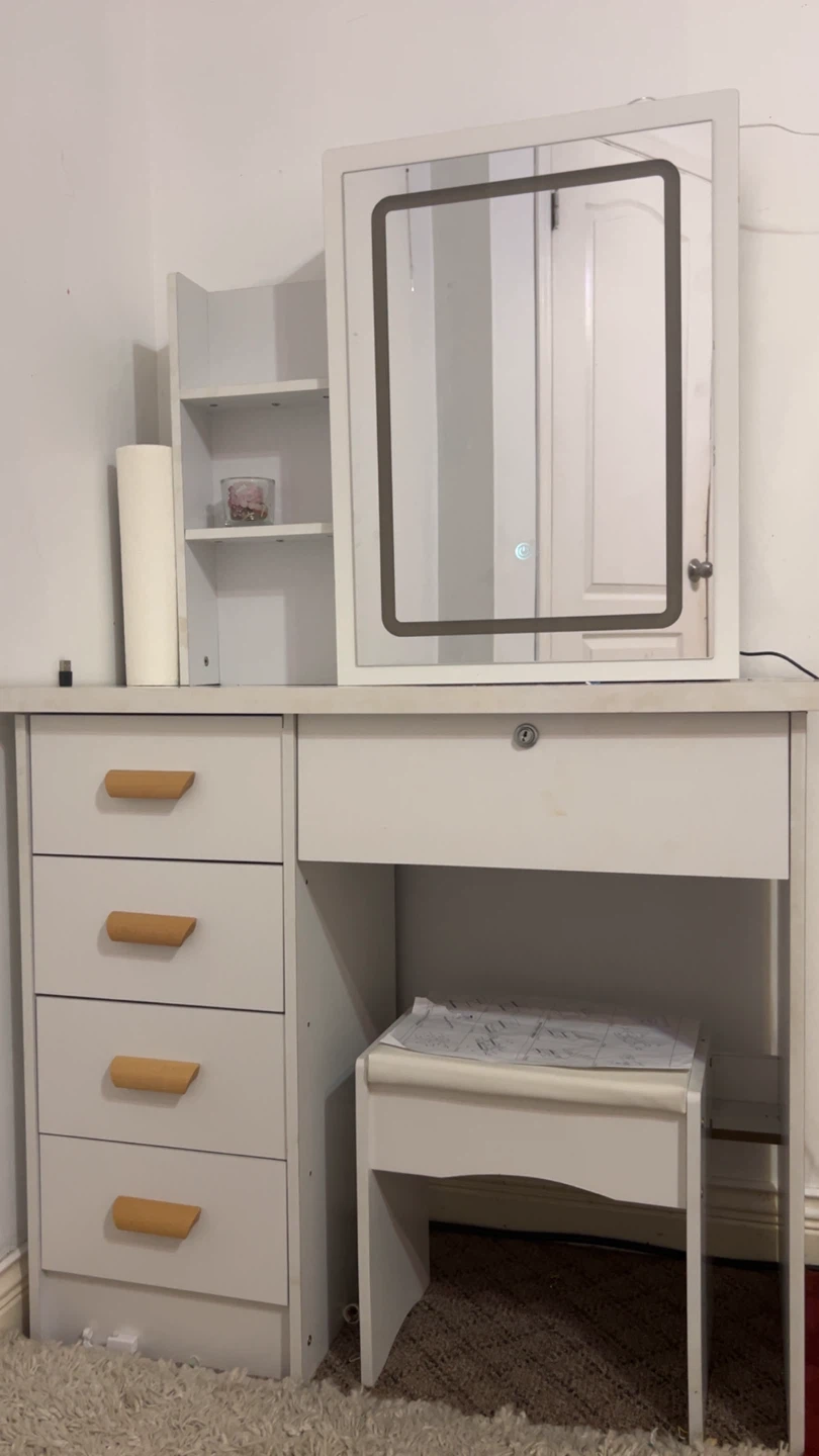 White Vanity Makeup Table with Mirror & Stool