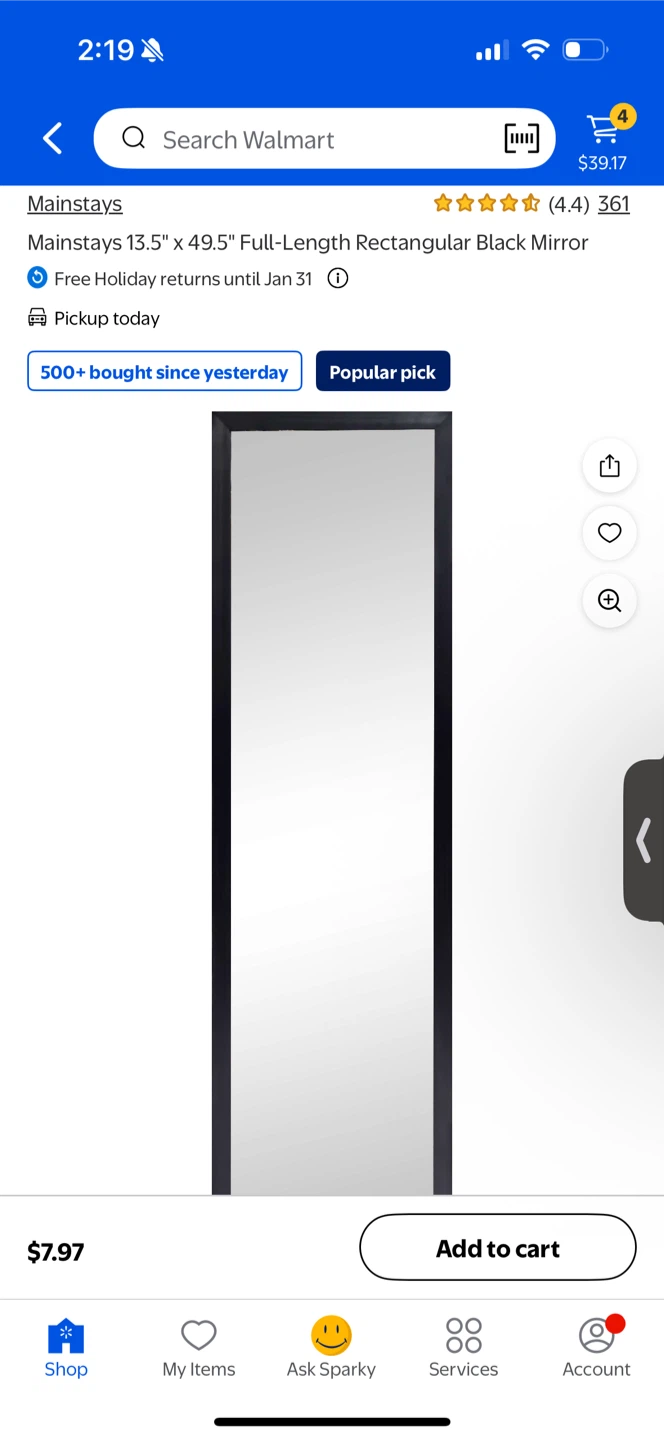 6 Mainstays Full-Length Black Mirror 13.5" x 49.5"