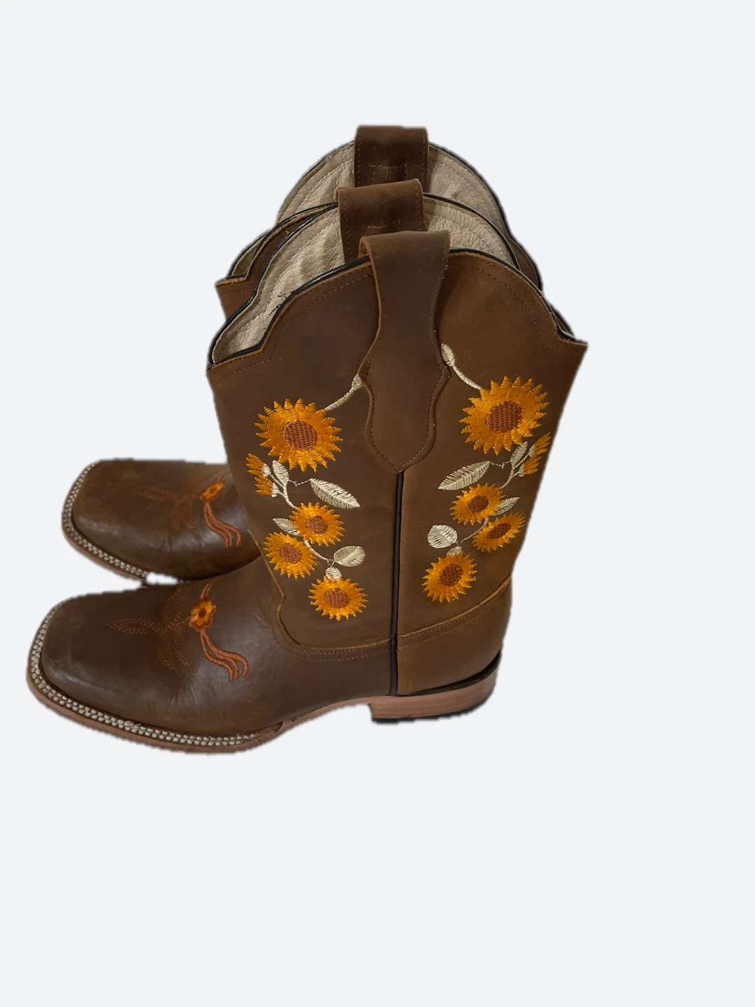 Brown Leather Cowboy Boots with Sunflower Embroidery