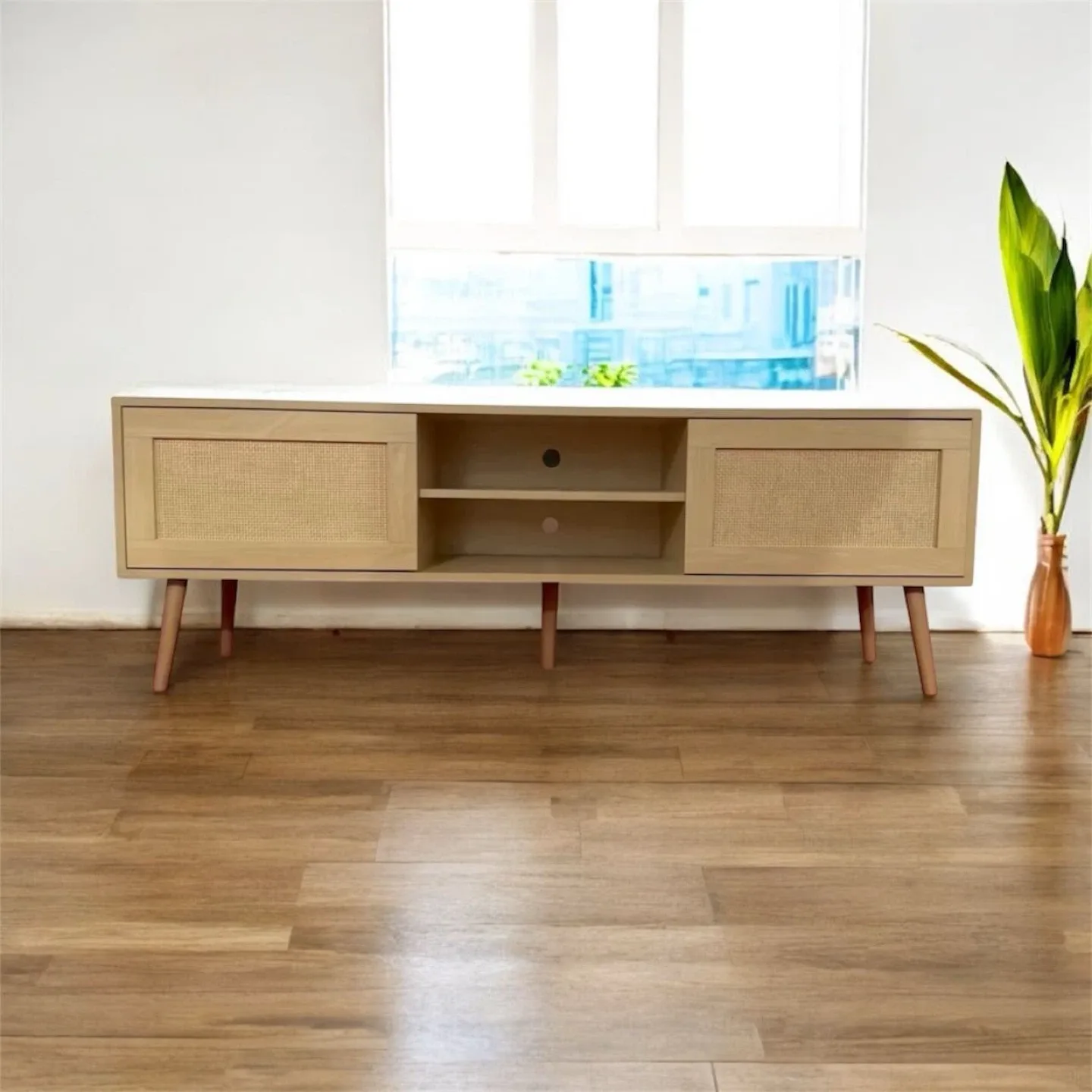 Wooden TV Stand with Rattan Doors image indicator(3)