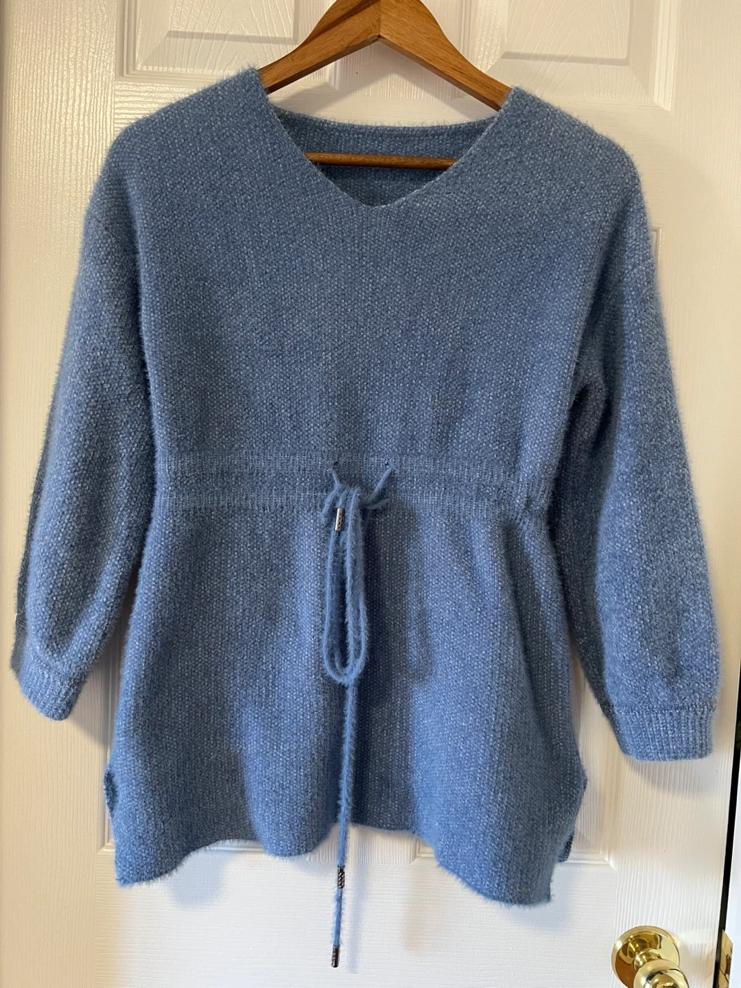 VERY WARM!Blue Knit Tunic Sweater with Drawstring
