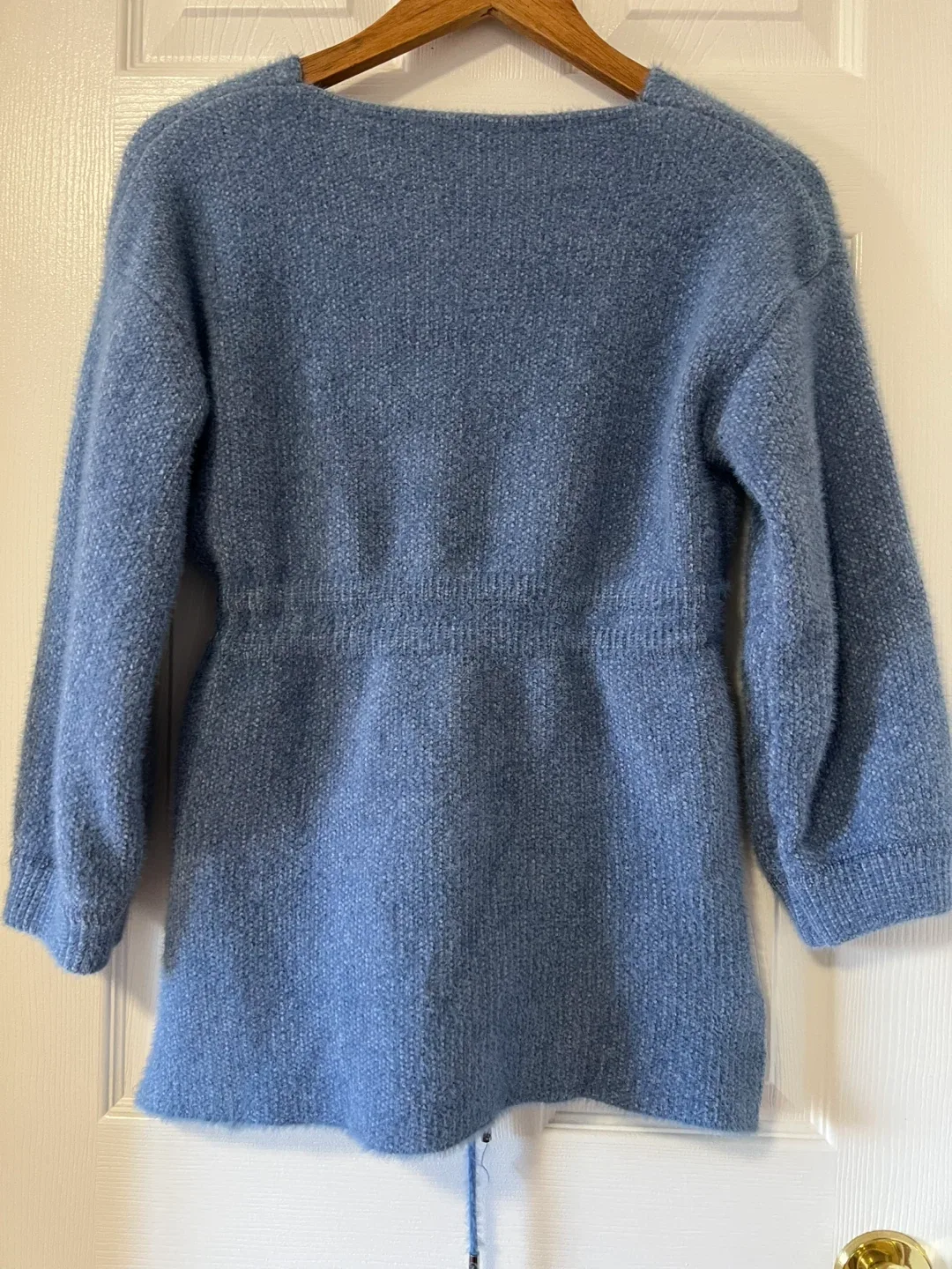 VERY WARM!Blue Knit Tunic Sweater with Drawstring image indicator(2)