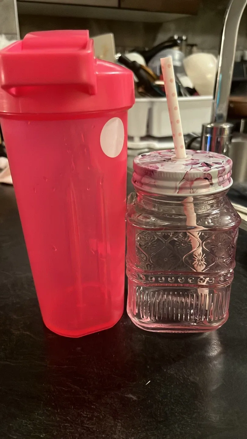 Pink Water Bottle and Glass Jar with Straw