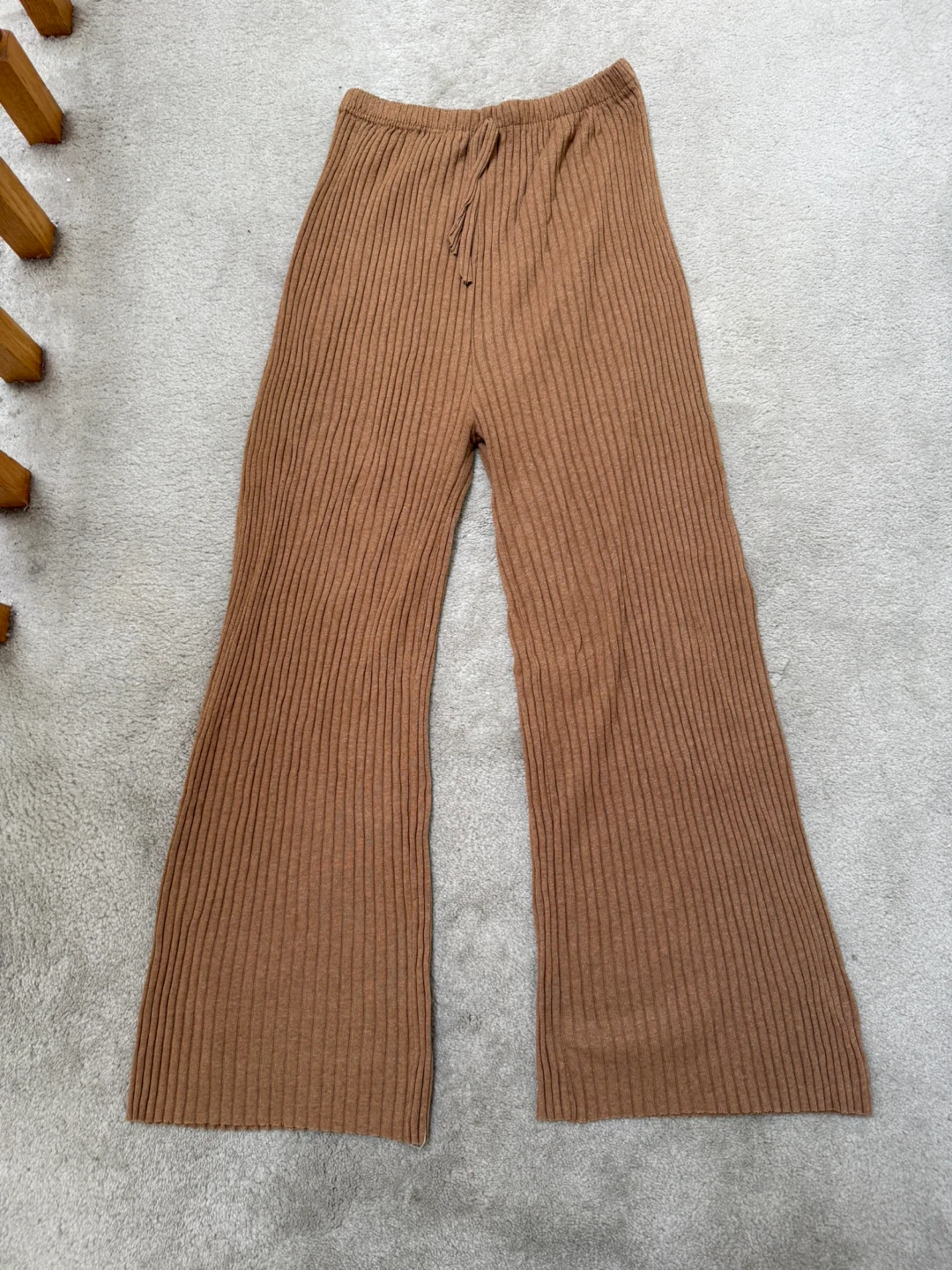 Brown Ribbed Knit Wide Leg Pants