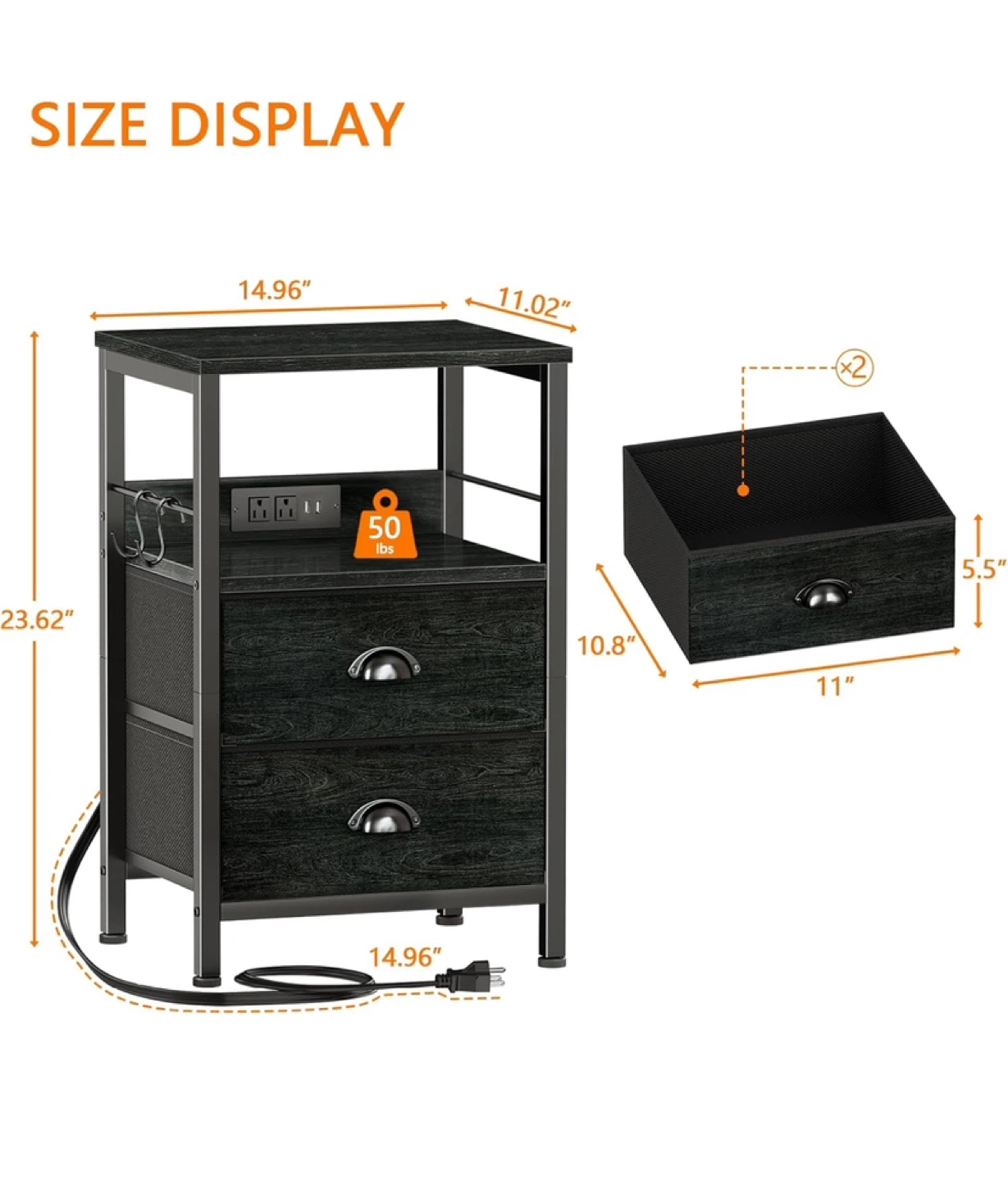 Furologee Black Nightstand –With Charging Ports (CAN DELIVER ) - photo 2