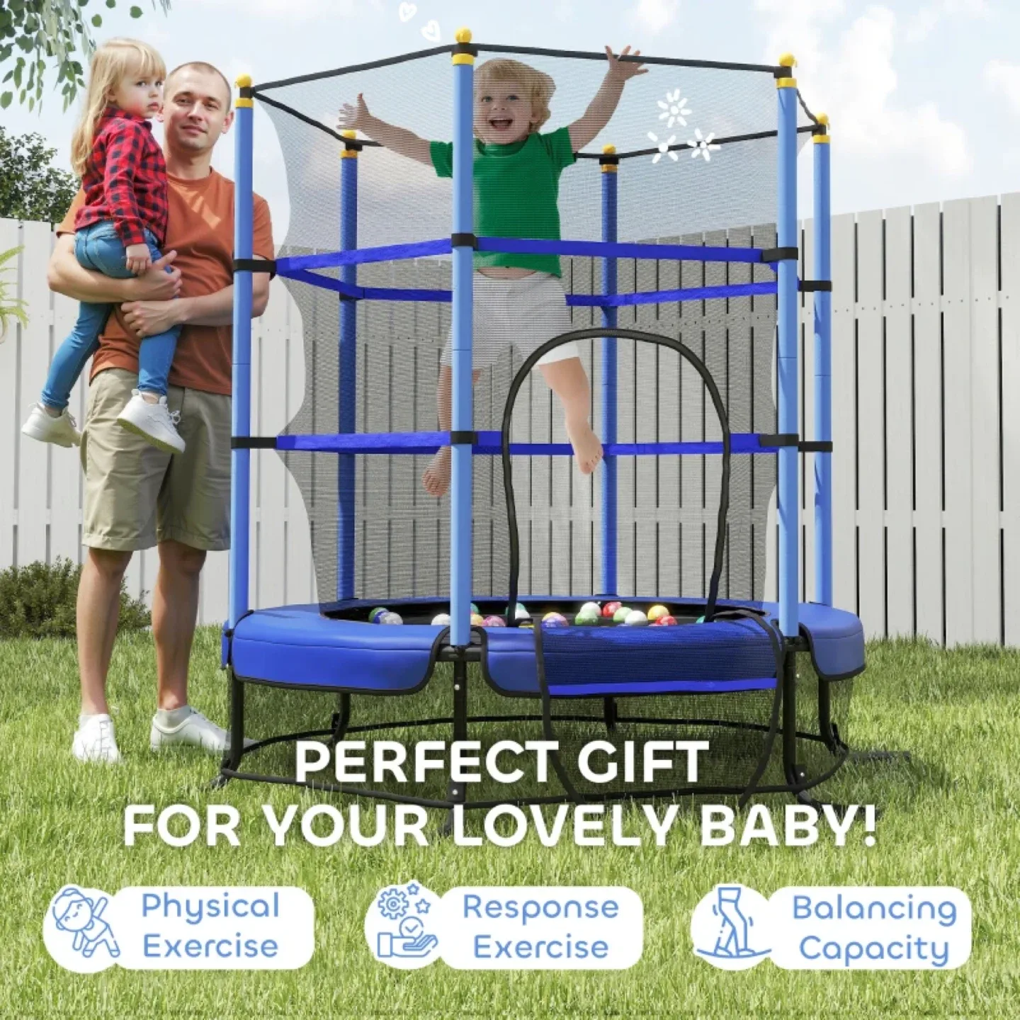 Qaba Kids Trampoline with Safety Enclosure Net image indicator(7)